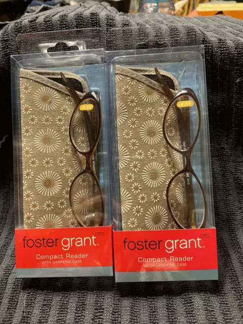 2 Pair Foster Grant Brown Reader Compact Series w/ Case +2.50 Reading Glasses