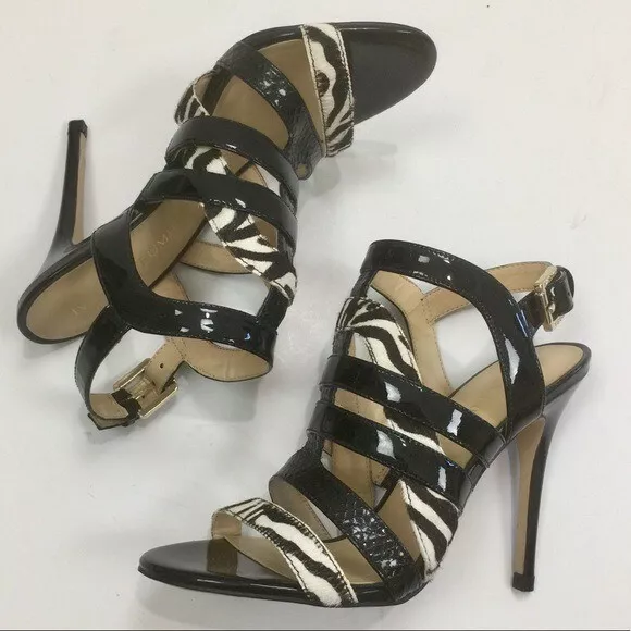 Ivanka Trump Haslets Spiked Cage Spike Heel Sandals Black/White Zebra Size 6 1/2