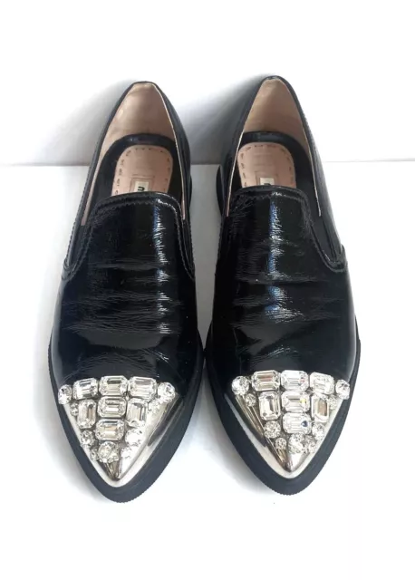 Miu Miu Crystal Slip Ons Loafer Flats Sz 7 37-1/2 Black Patent Leather