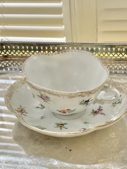 RK RICHARD KLEMM DRESDEN FLOWERS GOLD TEA CUP & SAUCER QUATREFOIL ANTIQUE 19th C