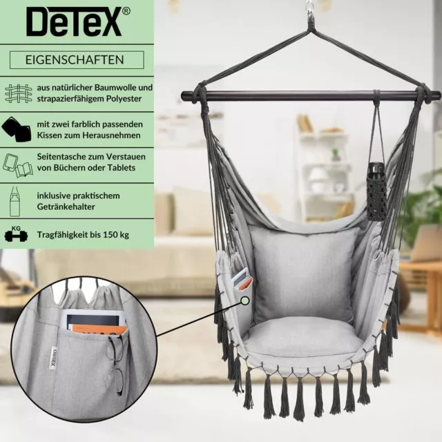 Hängesessel 150 kg Boho  2 Kissen XL Indoor Outdoor Hängeschaukel, Hängestuhl