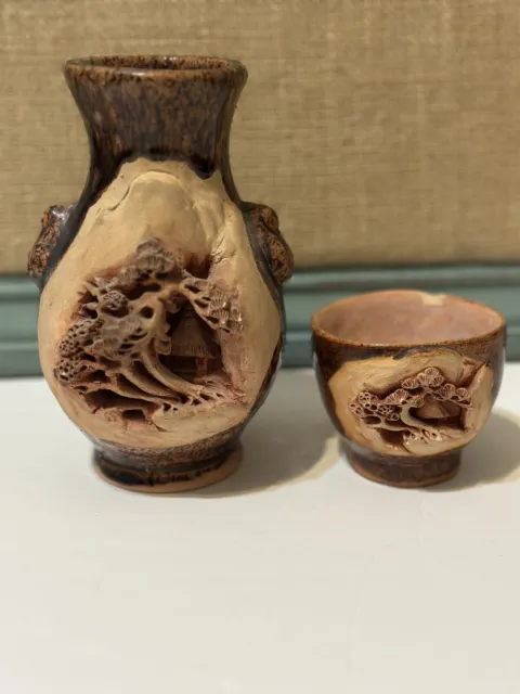 Vintage Japanese Hand Carved Vase And Cup Pottery