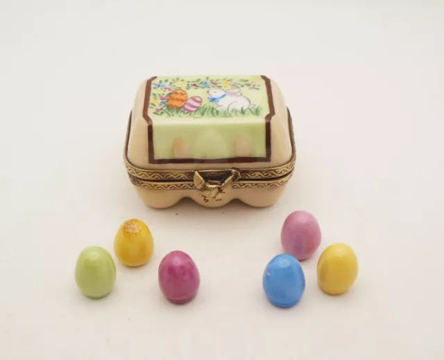 New French Limoges Trinket Box Easter Egg Carton Hand Painted Bunny & Rem. Eggs