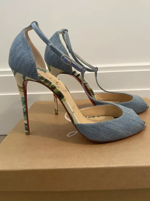 Christian Louboutin Senora 100 Jean Denim Hawaii Blue Sandal Pumps - Size 40