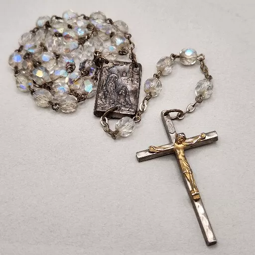 Vtg Lourdes 5 Decade Rosary Silver & Gold Tones Crucifix Italy AB Crystal Beads