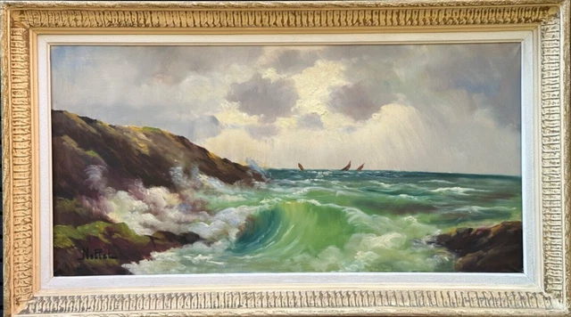 Ancien tableau Grande Marine Bord de mer Vague rivage bateaux signé cadre