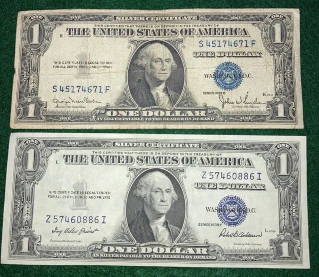 2 X 1935 D & F Series Silver Certificate Blue Seal One Dollar Bill