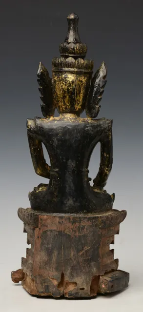 18th Century, Shan, Antique Burmese Wooden Seated Crowned Buddha 8
