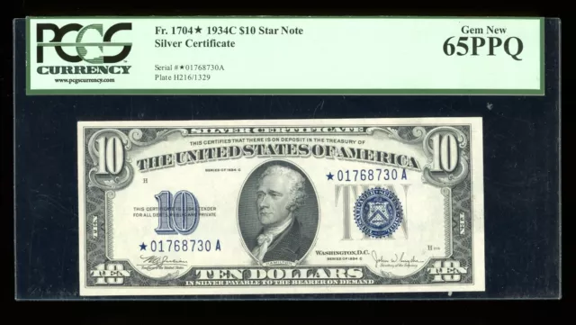 DBR 1934-C $10 Silver STAR Gem Fr. 1704* PCGS 65 PPQ Serial *01768730A