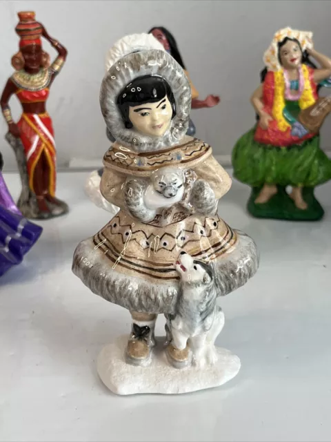 6 Lot Vintage Hand Painted Ceramic Figurines Eskimo Hawaii Native American China