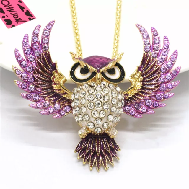 Hot Fashion Lady Purple Enamel Cute Owl Animal Crystal Pendant Womens Necklace 2