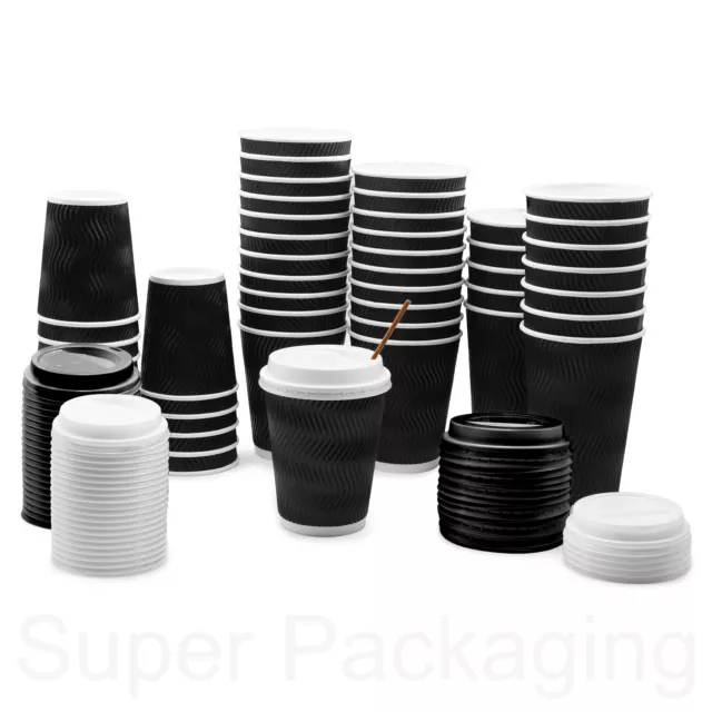 Disposable Coffee Cups Paper Cups Black - Rippled Hot Drink - With/Without Lids