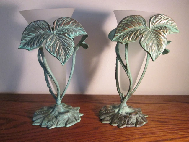Pair Of INDIA EXOTICS SOLID BRASS BUD VASES with Frosted Glass Vases