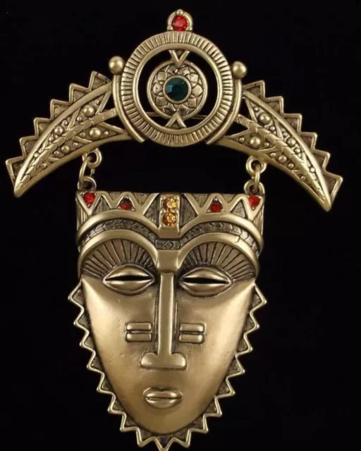 UNIQUE, Mint Vintage Designer Aztec Tribal Mask Brooch Big