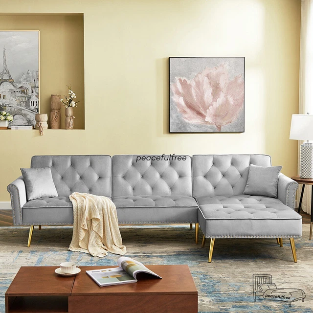 VELVET SLEEPER BED L Shape Sectional Sofa Set Convertible Couch Chaise