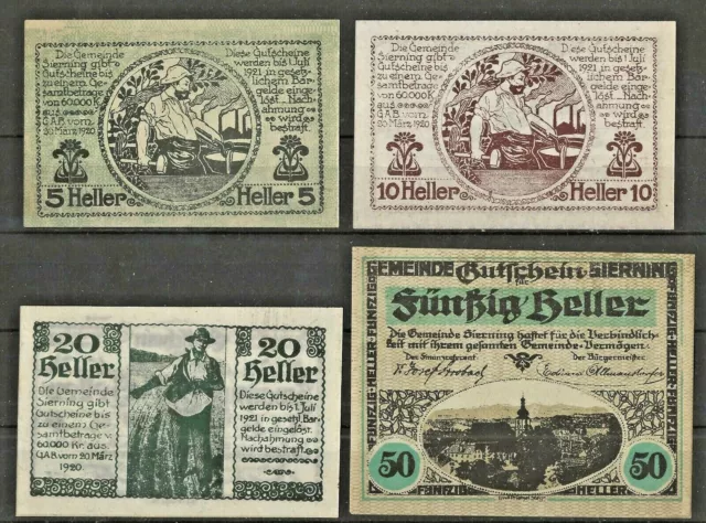 Ö:Notgeld 4 Scheine Gemeinde Sierning in OÖ  5+10+20+50 Heller  guter Zustand