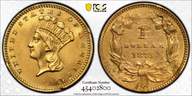 1873 Open 3 Type 3 Indian Princess One Dollar Gold G$1 PCGS UNC MS Detail