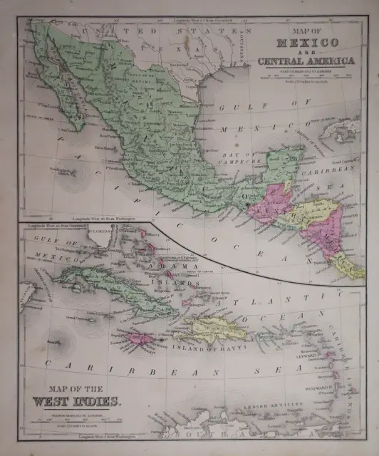 1871 Cowperthwait Atlas Map ~ MEXICO, CENTRAL AMERICA ~ (10x12) ~Free S&H -#1081