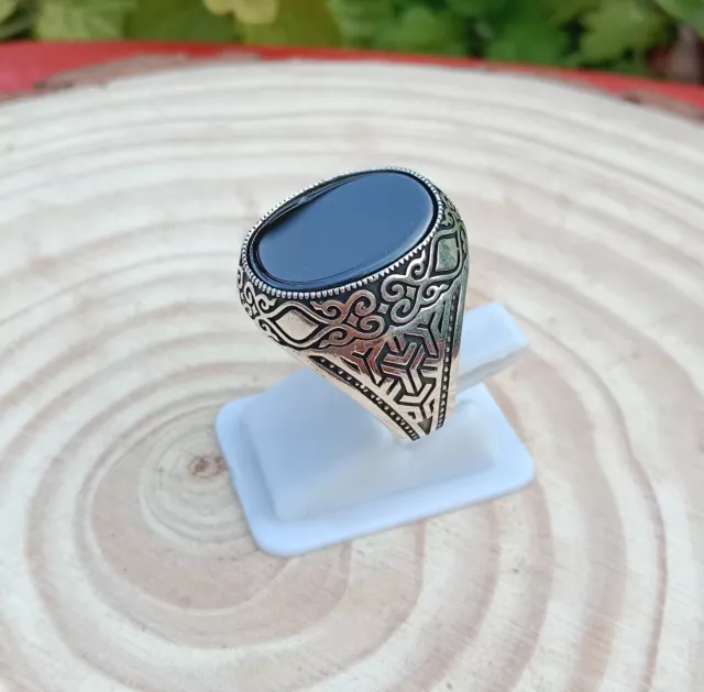 Natural Black Onyx 925 Sterling Silver Ottoman Sultan Turkish Mens Ring Jewelry