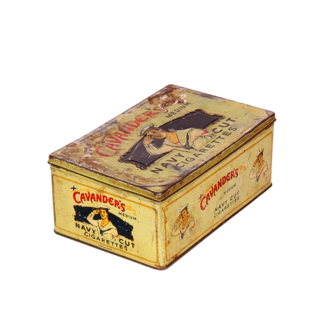 cavender cigarette VINTAGE CAVENDER'S MEDIUM Navy Cut Cigarettes Ad Litho Tin Box Embossed Tin  Box $133.09