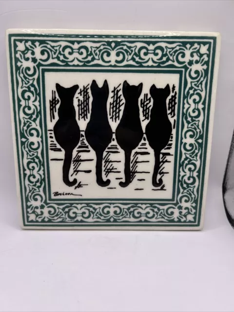 VTG 6” Besheer Ceramic wall Art Tile 4 Cats Green Victorian Scroll Border Trivet