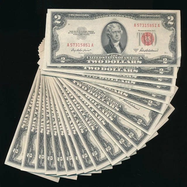 (22) 1953 $2 Dollar Red Seal Notes Sequential ~ Au/Cu ~ Ships Free! Inv:1