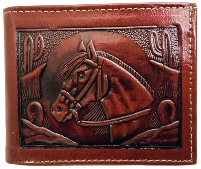 Men's Brown Leather Hand-Tooled Bifold Wallet - Made In Mexico