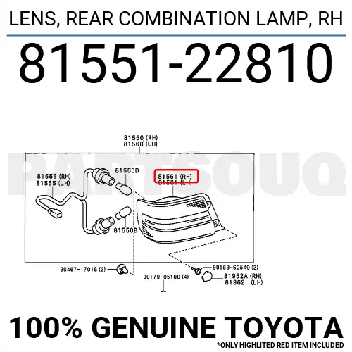 8155122810 Genuine Toyota LENS, REAR COMBINATION LAMP, RH 81551-22810 OEM