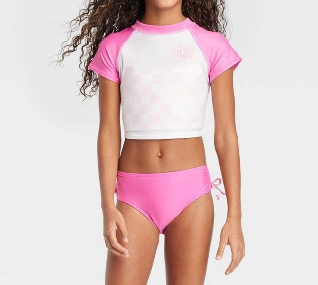 Girls' 3 pc Super Smile 'Be Happy' Cropped Short Sleeve Rashgaurd Set L (10/12)