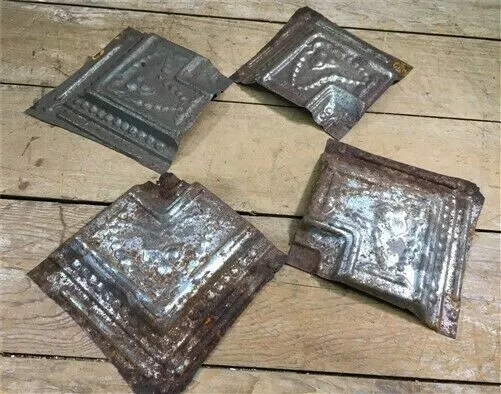 4 Ceiling Tin Corner Tiles, Architectural Salvage Reclaimed Molding Vintage B, 3