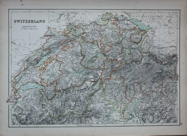 1897 Antique Map Switzerland Bern Luzern Schwytz Grisons Zurich Aargau Geneva