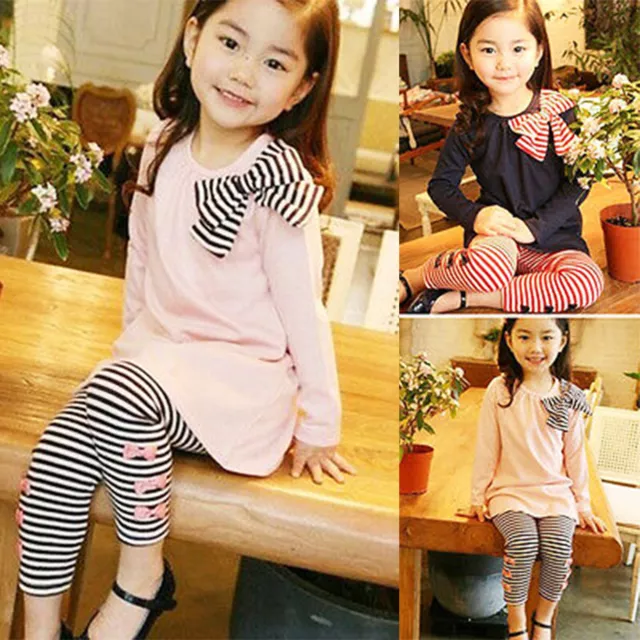 UK Kid Girls Baby Long Sleeve Blouse Tops Striped Pants Outfit Clothes Age 2-8Y*