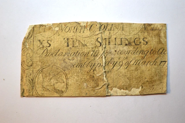 North Carolina March 9, 1754 10s Good; with backing, damage, repairs. Bird note.