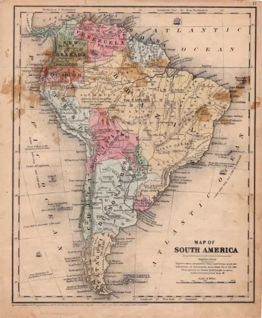 1849 Antique Smith's Geography Atlas Map Of South America-Hand Colored