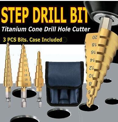 3Pcs Drill Bit Titanium HSS Set Steel Cone Step Quick Change 1/4" Shank Hole Cut