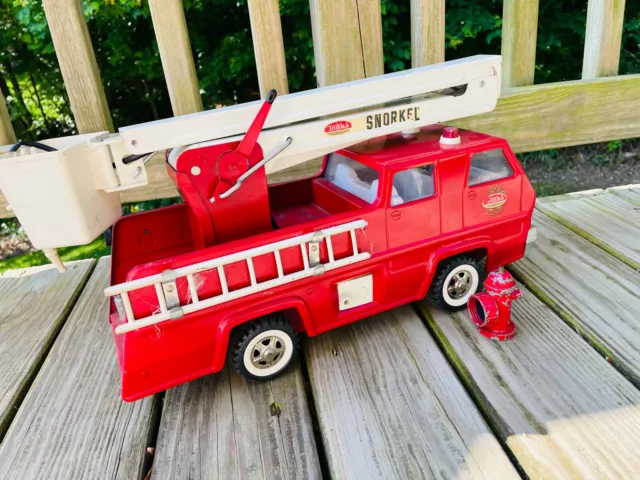 Old Vtg TONKA Pressed Steel Snorkel Fire Engine Truck With Fire Hydrant Red USA