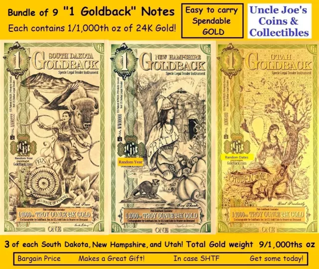 Nine "1 Goldback Notes" SD, NH, UT Each is 1/1000th 24K Gold! Trade Spend Save