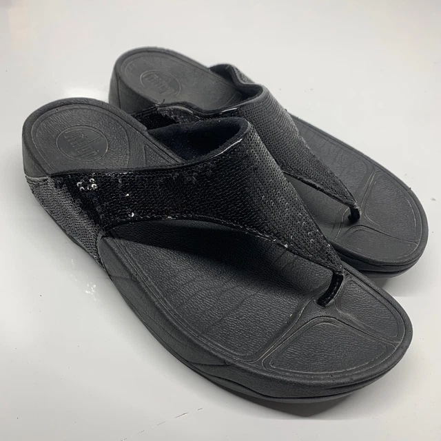 FitFlop Electra Sequin Thong Flip Flops Sandals 034-001 Black Wedge Women Size 9