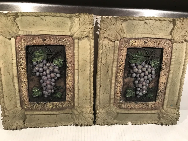 2X-Vintage 3D Cabernet Sauvignon Purple Grapes & Acanthus Leaf Plaques