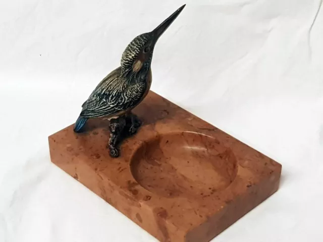 Antike Wiener Bronze - Figur / Eisvogel auf Marmor - Visitenkartenschale