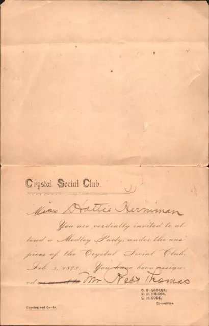 1893 DANCE CARD antique dancing partner slip CRYSTAL SOCIAL CLUB teenage society