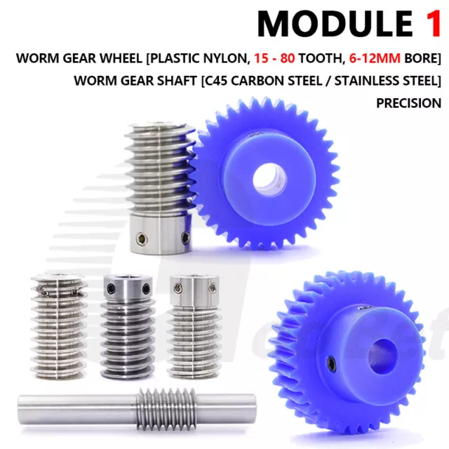 Module 1 Nylon Plastic Worm Gear Wheel 15 - 80 Tooth Steel Worm Shaft Precision