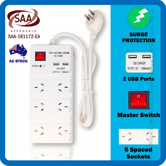 6 Way Surge Protector Power Board 6 Outlets with 2 USB Charger Ports