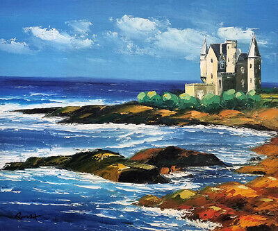 tableau peinture huile sur toile, QUIBERON château Turpault, rochers vague mer