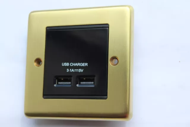 EL/BG EMUSB3W-SF Satin Brass/Black double USB wall charger socket EuroModule