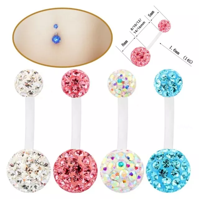 2X Soft Flexible Bar Navel Belly Button Ring CZ Crystal Barbell Multi Length 14G