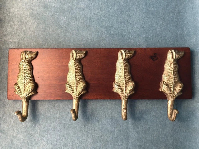 Brass Dog Hooks on Wood Base Labrador Hat Coat Rack Holder Wall Mount Decor