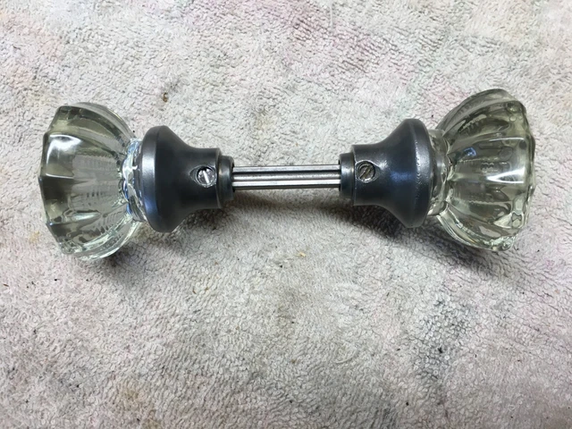 Antique glass crystal door knob set solid pewter hardware refurbished 12 point