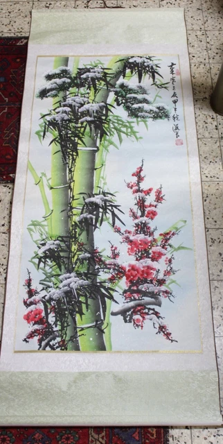 Großes Rollbild, mit Bambus und Blumen, China, ca. 184 x 81 cm (334-15522)*