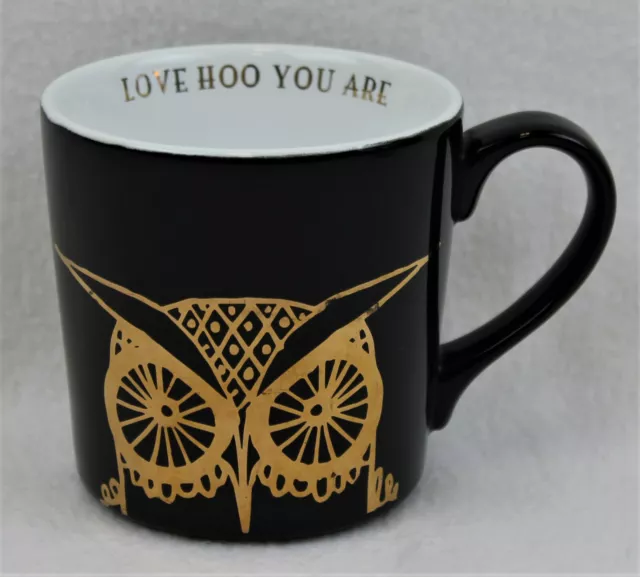 Charming Charlie Large Black Coffee Mug Gold Leaf Owl LOVE HOO YOU ARE 14OZ